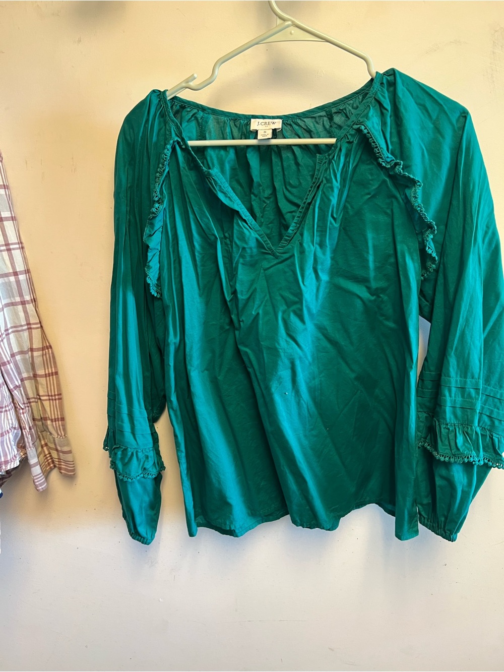 J. Crew Teal Ruffle V-Neck Peasant Blouse